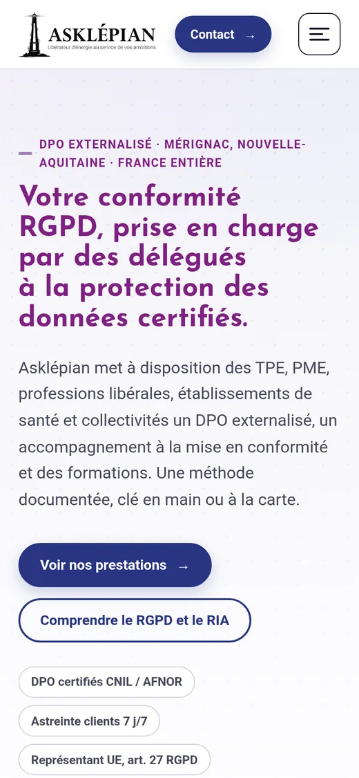 Version mobile de l’accueil du site d’Asklépian