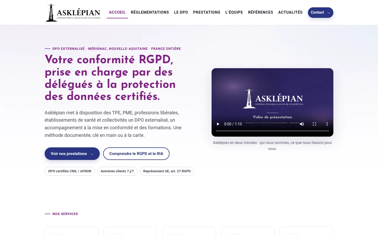 Page d’accueil du site d’Asklépian, cabinet de délégués à la protection des données à Mérignac