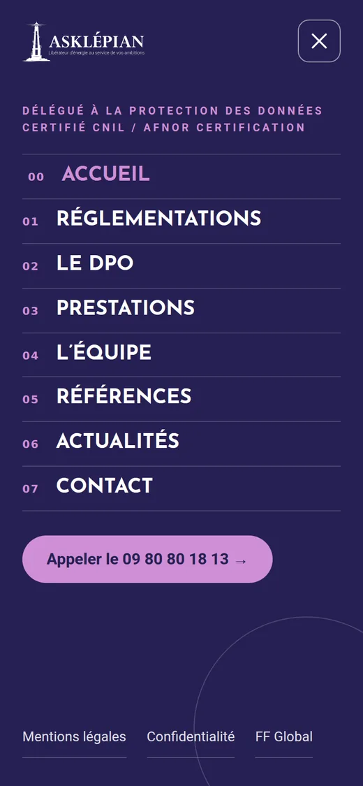 Menu mobile plein écran bleu nuit du site d’Asklépian