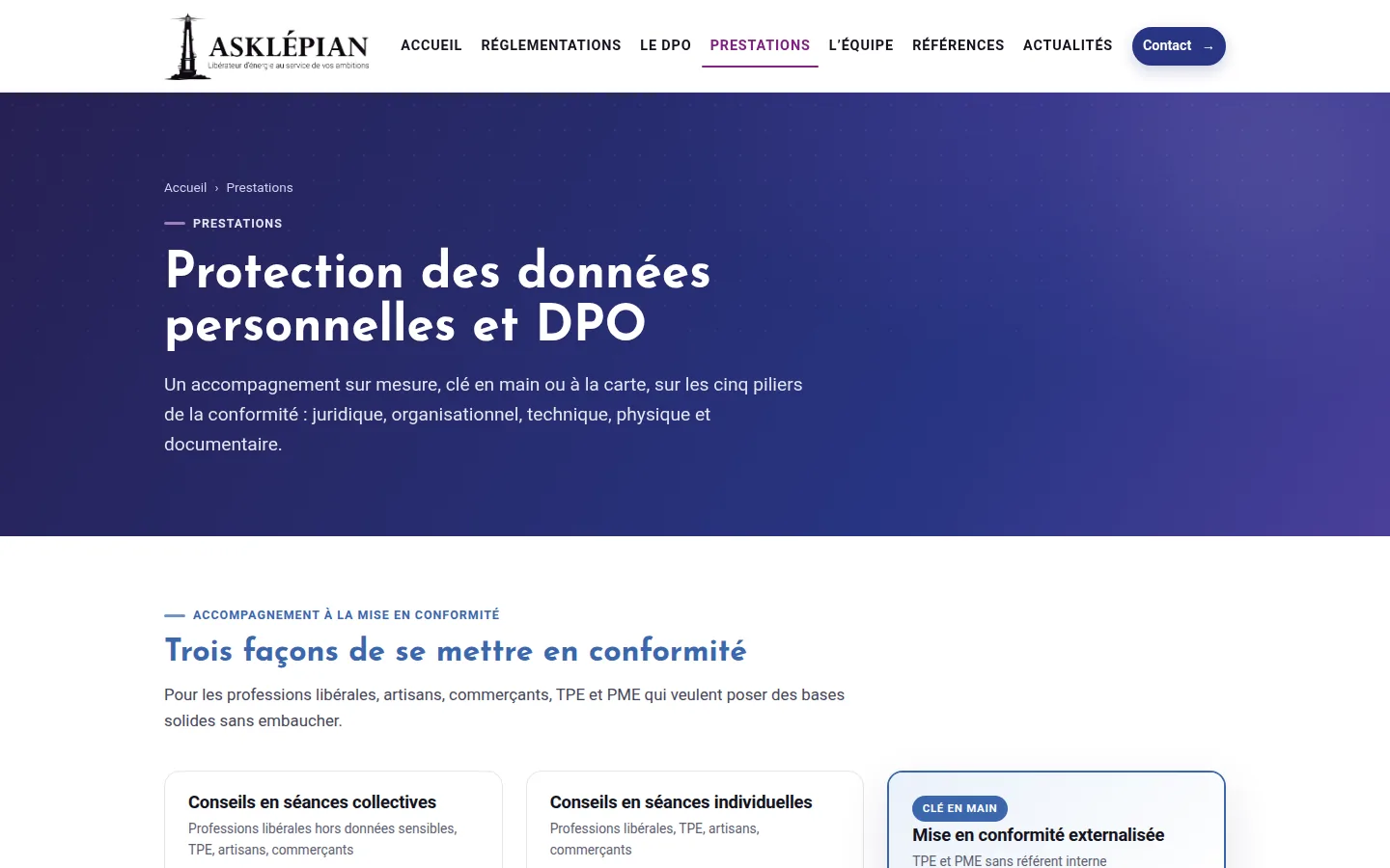 Page Prestations du site d’Asklépian : séances de conseil, mise en conformité et formules de DPO