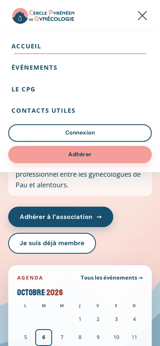 Menu mobile plein écran du site du Cercle Pyrénéen de Gynécologie