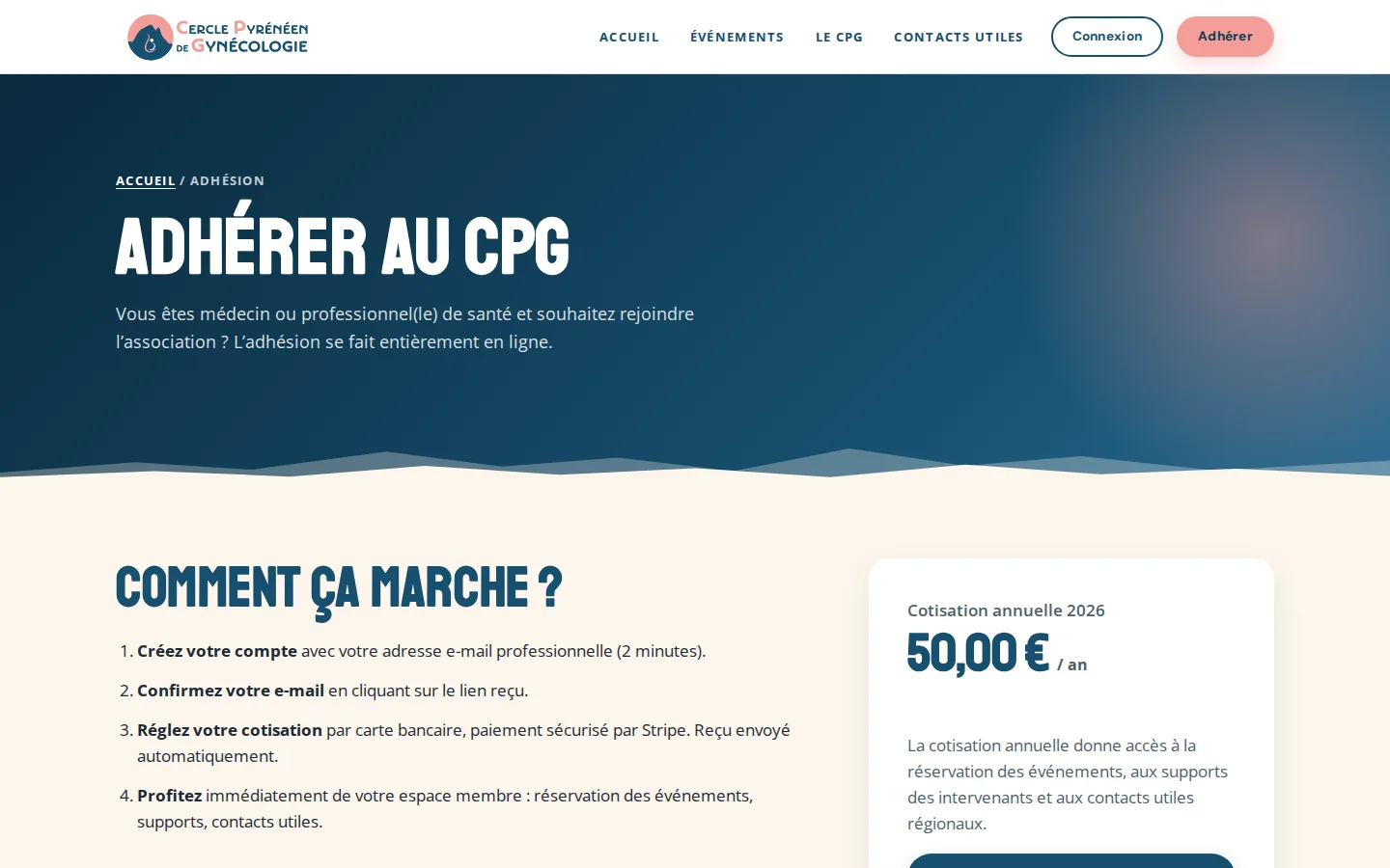 Page adhésion du Cercle Pyrénéen de Gynécologie avec paiement de la cotisation en ligne