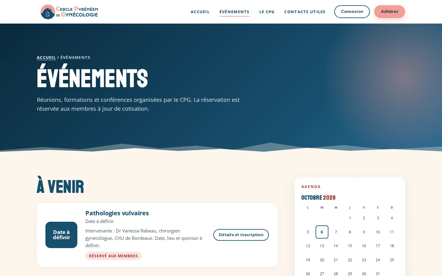 Page événements du site du Cercle Pyrénéen de Gynécologie avec agenda mensuel
