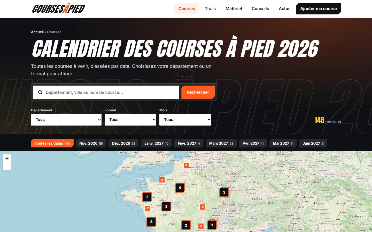 Carte des courses à pied en France avec filtre par mois sur coursesapied.fr