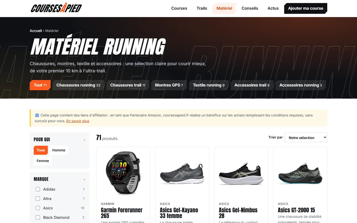 Catalogue de matériel running avec filtres par marque et par public sur coursesapied.fr