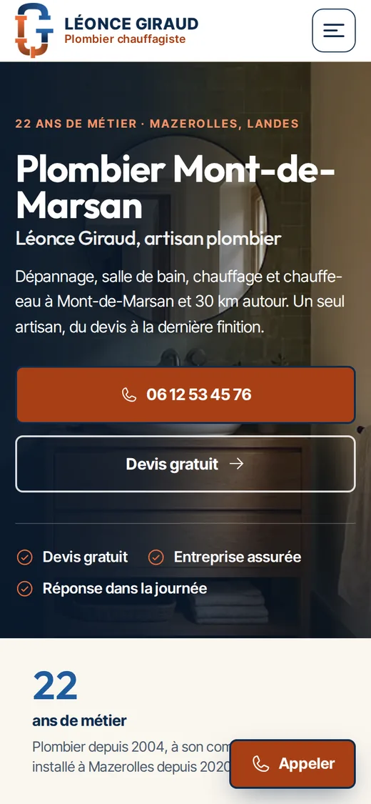 Version mobile de l’accueil du site plombier Mont-de-Marsan