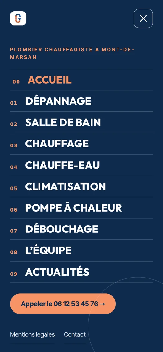 Menu mobile plein écran du site de Léonce Giraud