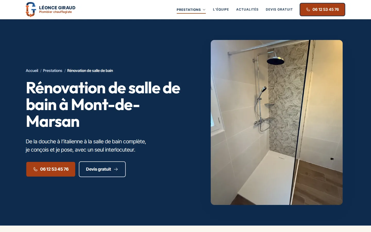 Page rénovation de salle de bain du site du plombier Léonce Giraud