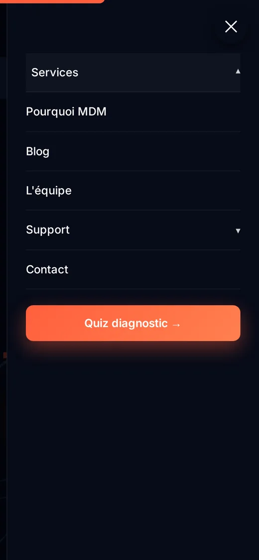 Menu mobile plein écran du site de MDM Informatique