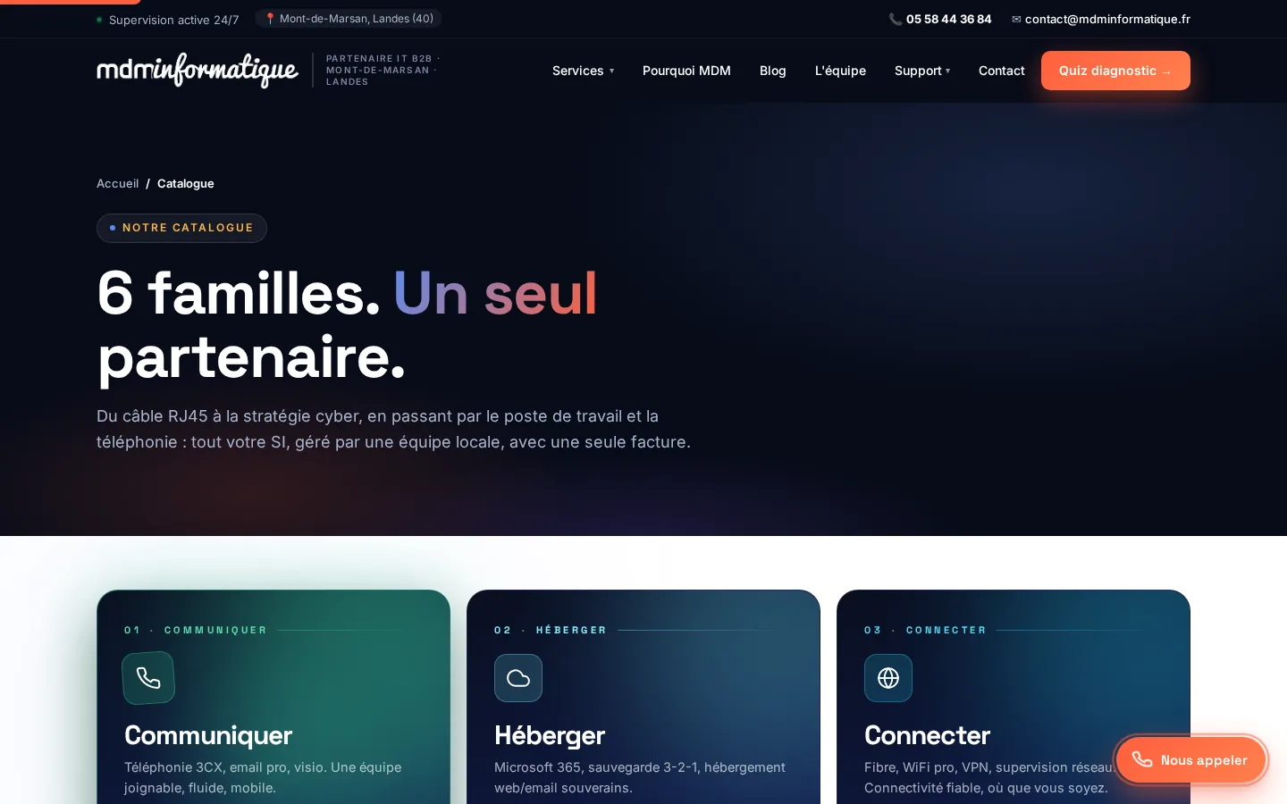 Page catalogue de MDM Informatique avec les six familles de services informatiques