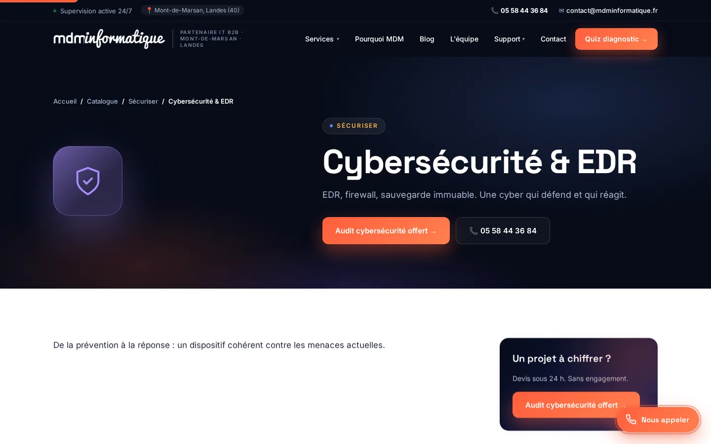 Page service cybersécurité et EDR du site de MDM Informatique