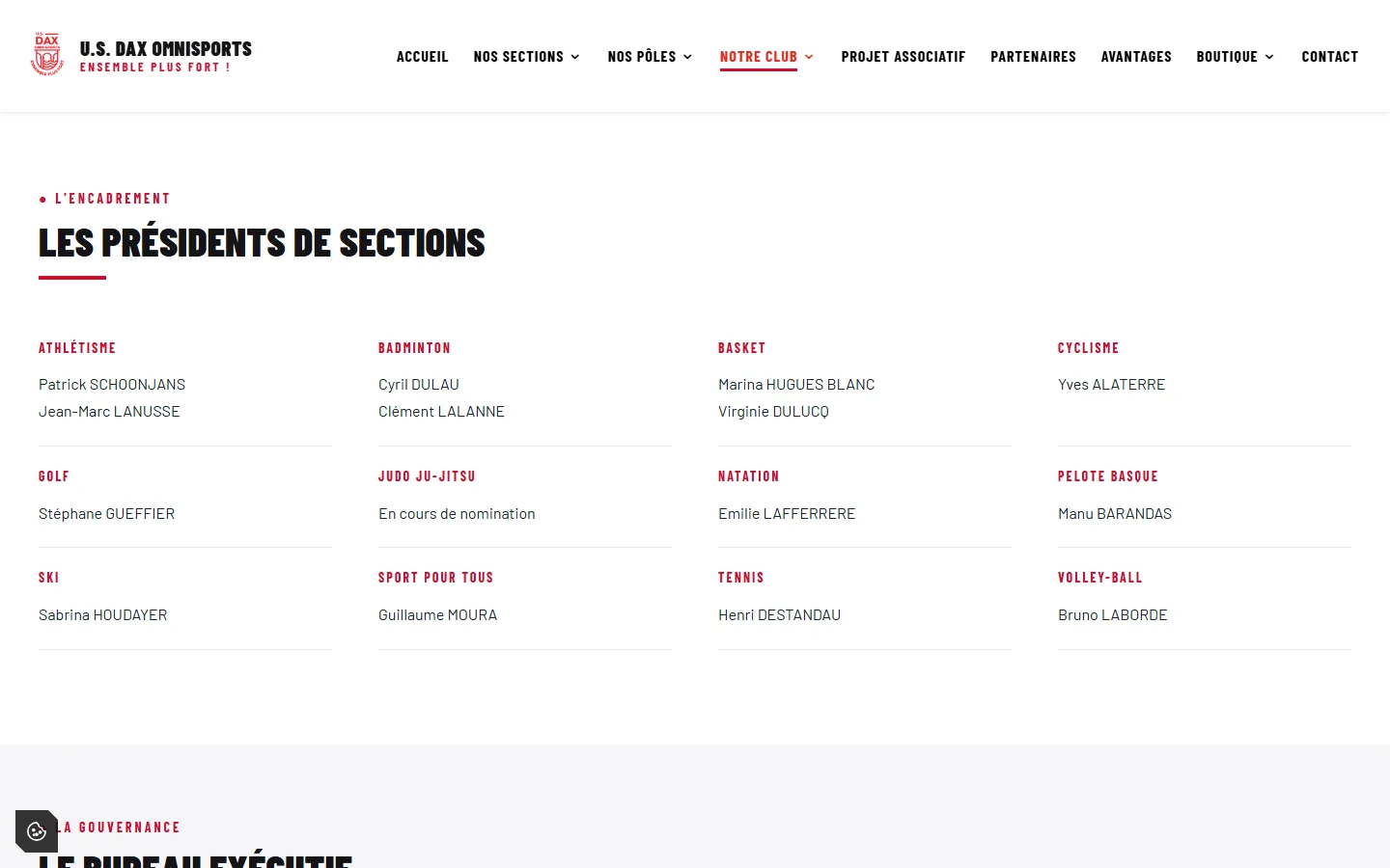 Organigramme des présidents de sections sur la page Qui sommes-nous de l’U.S. Dax Omnisports