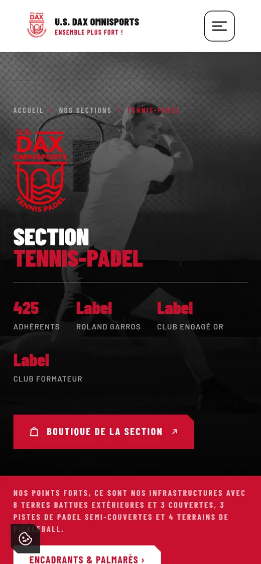 Page d’une section sportive de l’U.S. Dax Omnisports sur mobile