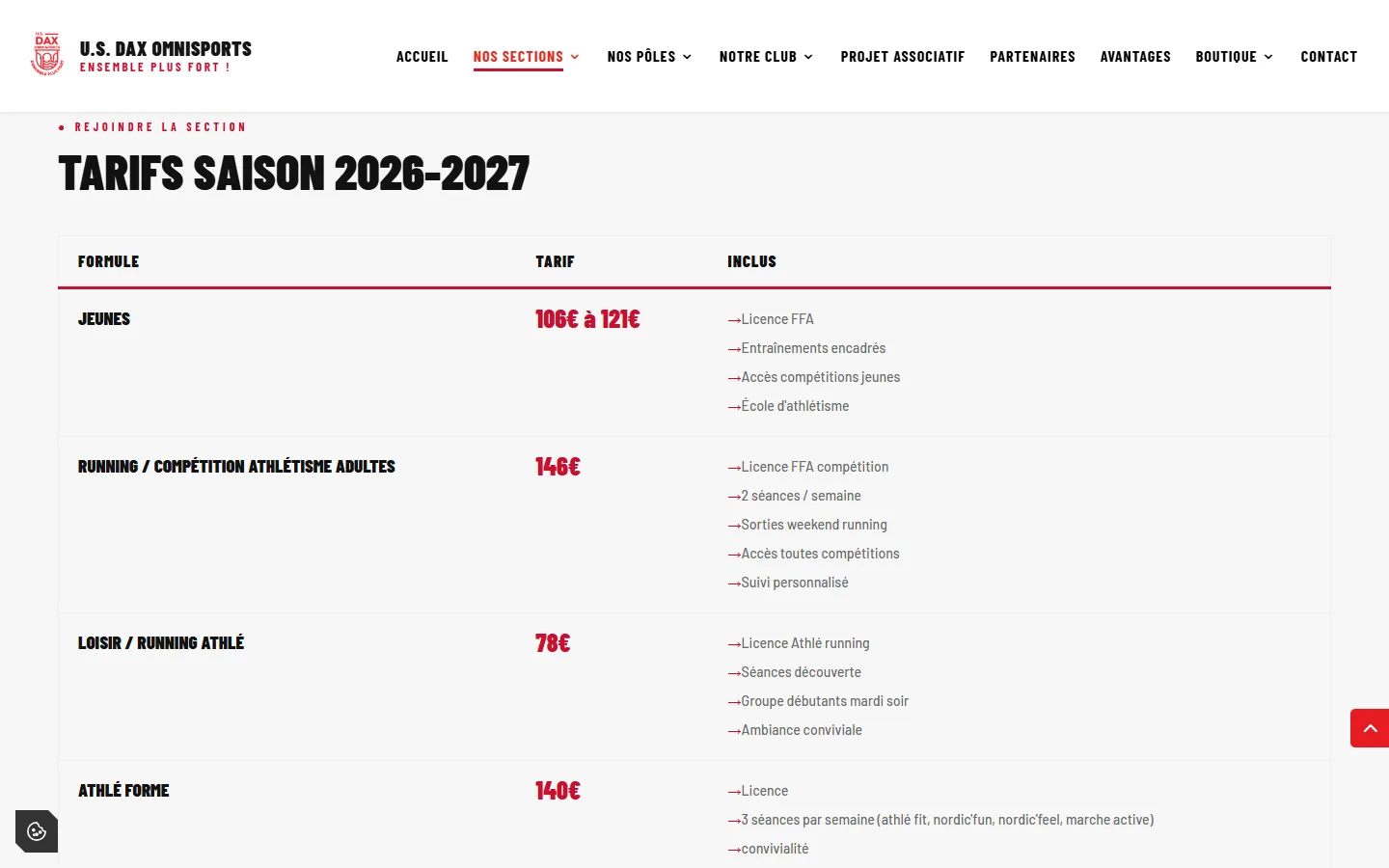 Tableau des tarifs de la saison 2026-2027 sur la page de la section athlétisme de l’U.S. Dax Omnisports